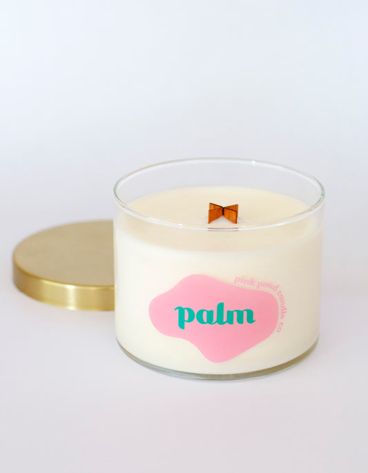 A white background close up of palm, a coconut, lime, and santal scented candle